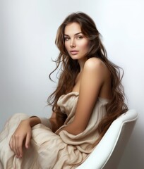 Naklejka premium A brunette with wavy hair and a fleeting smile in light clothes on a gray background. Women's fashion and beauty, confident strong woman.