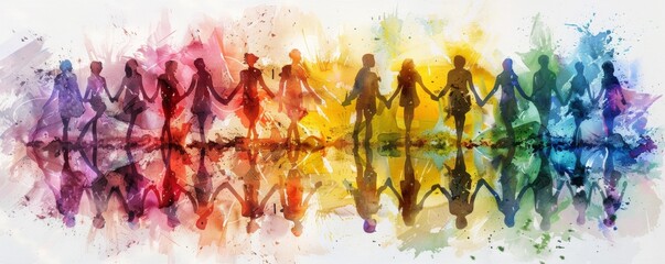 A group of people holding hands in unity, with watercolor art style. The background is white and the colors include reds, yellows, greens, blues, purples, pinks, oranges, and golds. 