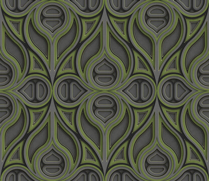 3D Wallpaper Gothic architecture stained glass gray, black and mint color decor on the edges. High quality seamless realistic texture