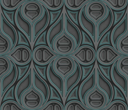 3D Wallpaper Gothic architecture stained glass gray, black and mint color decor on the edges. High quality seamless realistic texture