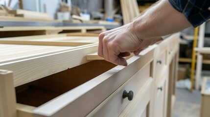 custom-built kitchen cabinet being assembled, with options for choosing cabinet finishes, hardware, and storage configurations to create a tailored solution for each homeowner.
