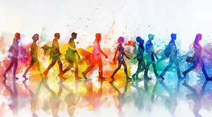 A group of people walking in different directions, each one representing the colors and elements associated with diversity. The background is white to highlight their silhouettes. A vibrant rainbow 