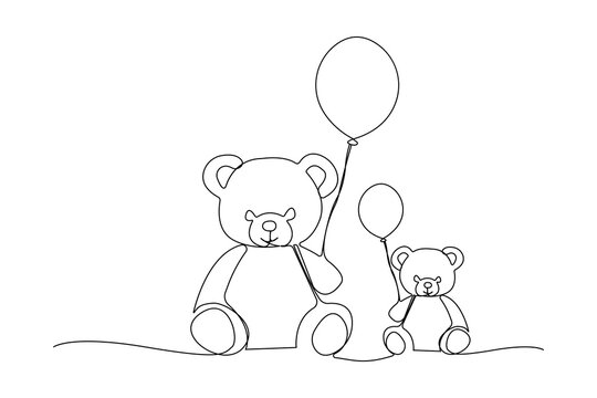 recommend clip art: Cute teddy bears holding balloon one-line art drawing. Teddy toy birthday theme continuous outline vector.