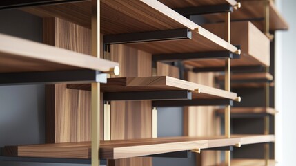 customizable modular shelving system, featuring interchangeable components and adjustable configurations to accommodate various storage needs and design preferences.