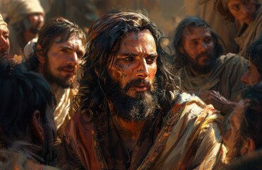 Jesus talking to his disciples, in biblical times, movie still. This scene depicts Jesus speaking...