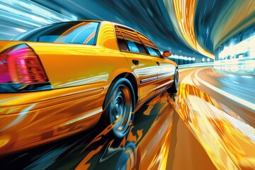 Yellow taxi car racing on high-speed highway curve for business transportation concept