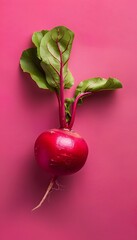 Fototapeta premium Vibrant Red Radish with Green Leaves on Pink Backdrop