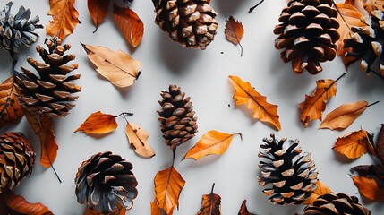 Pinecones surrounded by fallen leaves on a white surface, capturing the essence of autumn in a simple yet striking composition.