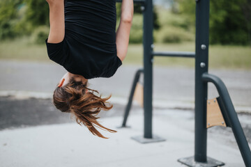 A dynamic scene of a woman engaging in an upside-down exercise on a park's fitness station,...