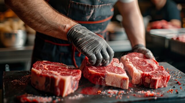 Experienced butcher showcasing his craft with precision, handling succulent marbled raw beef steak