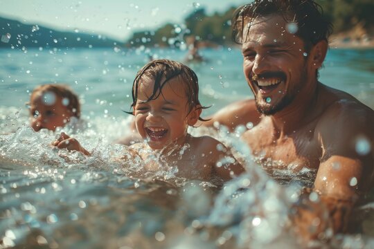 Father and children having fun in the summer sea - family vacation with playful moments