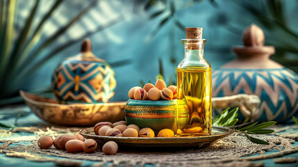 Moroccan Argan oil. Essential oil in a bottle, and argan tree seeds on an oriental background, creative copy space background. Nourishing oil for cosmetics and body care.
