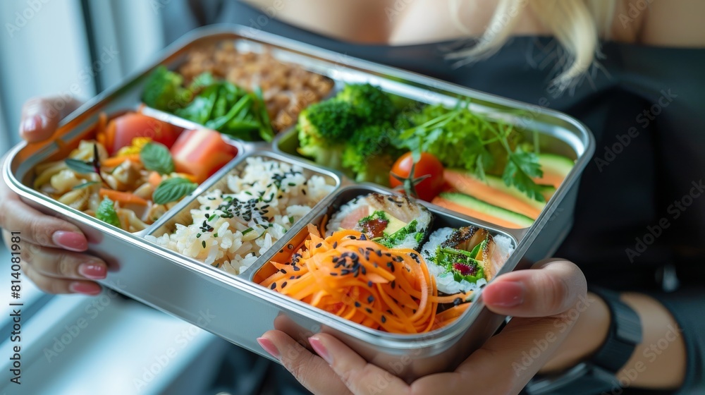 Wall mural woman holding a healthy bento lunch box with various fresh ingredients. generative ai