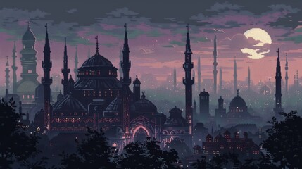 A vibrant painting of a city at night with a full moon, showcasing the beautiful mosque artwork in the background