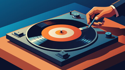 Retro Vinyl Record Player with Hand in Action