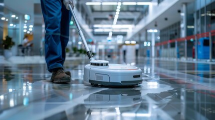 Fototapeta premium A cleaning worker using a robotic floor cleaner in a high-tech office, illustrating the integration of technology in cleaning.