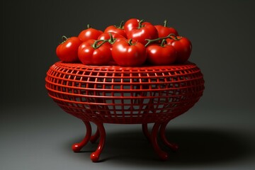 Fresh, ripe tomatoes stacked in a stylized red basket with a dark, neutral backdrop - Powered by Adobe