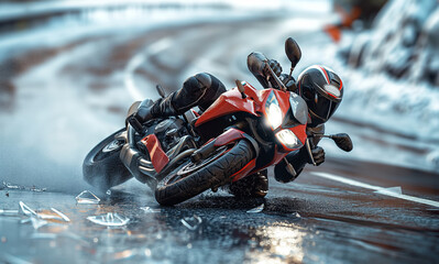 Motorcycle crash on icy road with dynamic angle