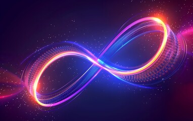 Abstract glowing neon lines in the shape of an infinity sign on a dark background, with illuminated colorful curves and circles
