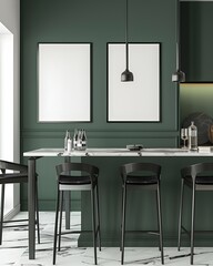 modern kitchen with a dark gray and white color scheme, green walls in the style of mockup
