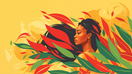 Juneteenth Freedom Day Celebration, African American woman with red, green flowers on yellow background, liberation holiday from slavery, black history month