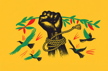 Juneteenth Freedom Day Celebration, fist with broken chains and birds raised in the air, African American liberation holiday from slavery, black history month