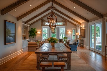 Obraz premium Inviting Bungalow Dining Area with Open Beam Ceilings and Rustic Elegance