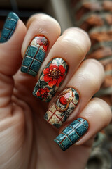  Elegant Floral and Mosaic Nail Art Design