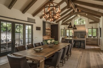 Fototapeta premium Inviting Bungalow Dining Area with Open Beam Ceilings and Rustic Elegance
