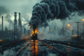 A sputtering engine emitting dark smoke, illustrating the pollution and environmental damage caused by fossil fuels. Concept of transportation crisis and climate change. Generative Ai.
