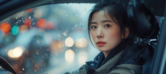 a confident woman is sitting in a car