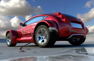 Rear view of red sports car with colorful glow effect. Original design. 3D rendering image.