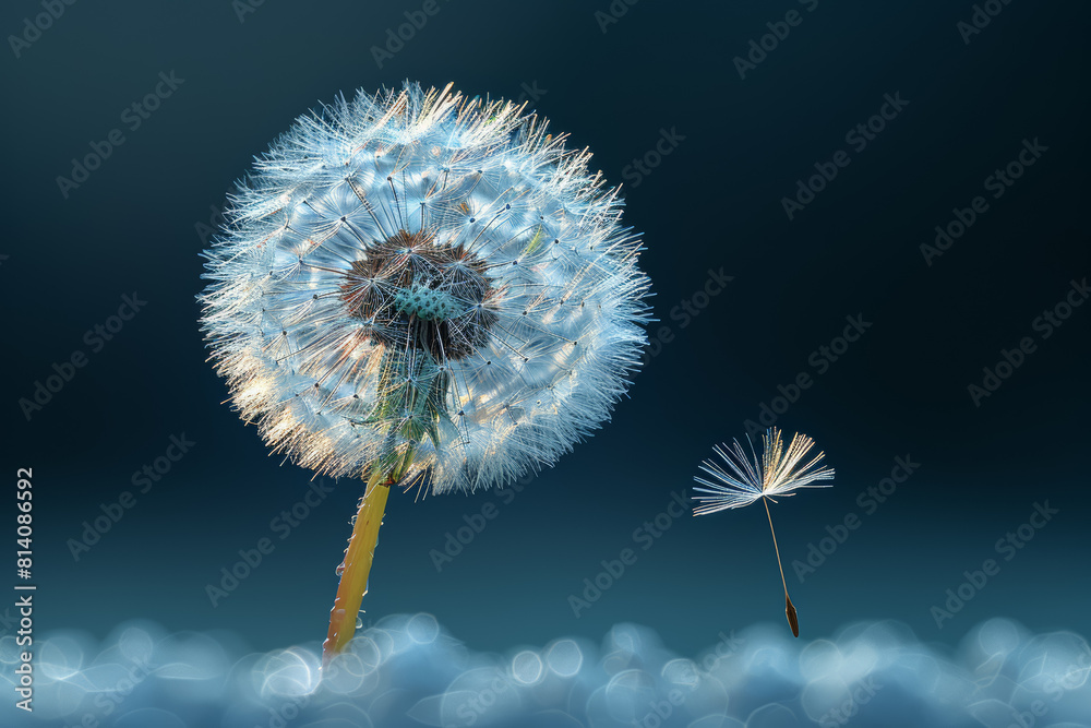 Canvas Prints a solitary dandelion seed floating on a gentle breeze, representing resilience and dispersal. concep