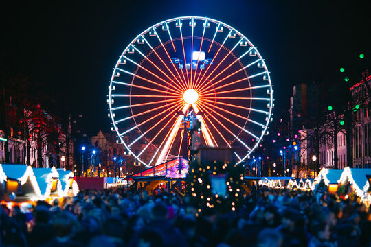 Brussels Christmas market with illuminated Ferris wheel