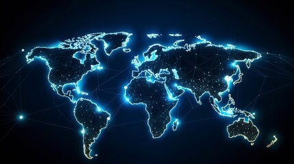  A detailed blue world map is displayed against a stark black background, showcasing continents, countries, and oceans in accurate detail.