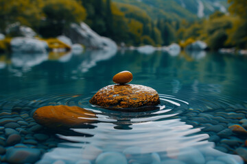 A single pebble skipping across the surface of a glassy lake, leaving behind concentric ripples. Concept of skipping stones and playful moments. Generative Ai. - Powered by Adobe
