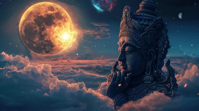 a very beautiful statue of a god who is above the clouds when the moon is full. seamless looping time-lapse virtual 4K video Animation Background.