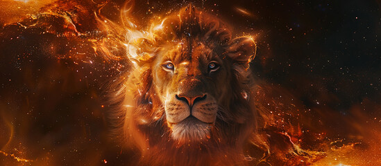 A beautiful lion with glowing eyes seem to dance with flames on fire, the king animal burn art with space concept