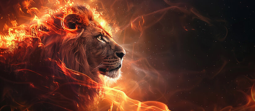 A beautiful lion with glowing eyes seem to dance with flames on fire, the king animal burn art with space concept