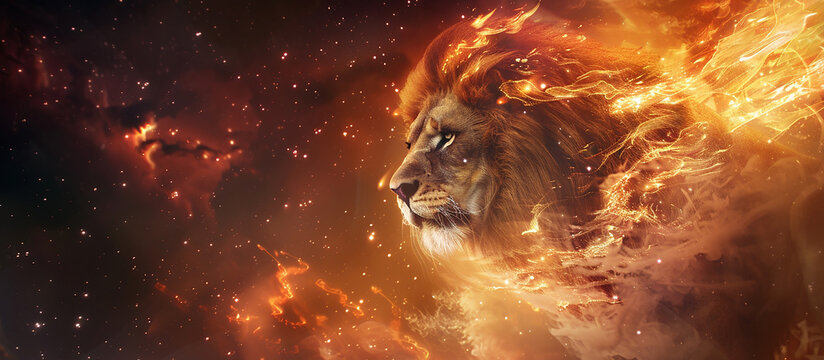 A beautiful lion with glowing eyes seem to dance with flames on fire, the king animal burn art with space concept