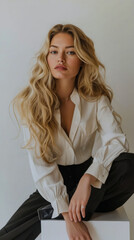A beautiful blonde woman sitting on a white box.