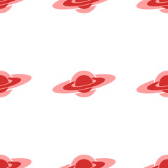 Seamless pattern of large isolated red saturn symbols. The elements are evenly spaced. Illustration on light red background