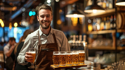 Beer service: Waiter with tray at pub