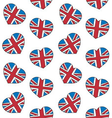 Vector seamless pattern of hand drawn sketch doodle Great Britain flag heart isolated on white background