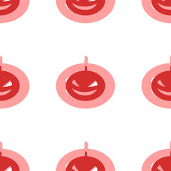 Seamless pattern of large isolated red halloween pumpkin symbols. The elements are evenly spaced. Illustration on light red background