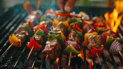 Colorful vegetable and meat kebabs grilled outdoors. Closeup of hands holding bamboo sticks with...