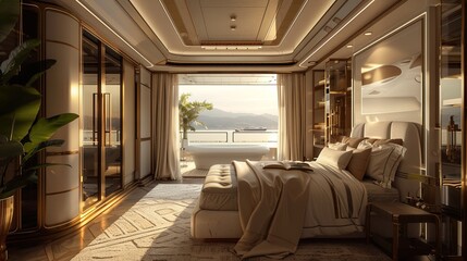 A luxury modern room of comfort andof the cabin, beige color theme. Ultra-realistic rendering...
