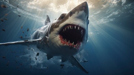 Fototapeta premium A great white shark, revealing rows of sharp teeth, with its large mouth wide open.
