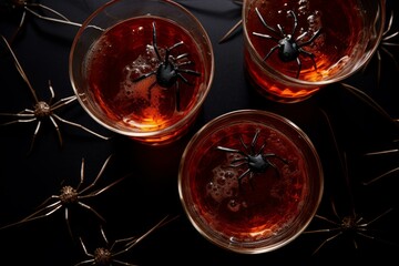 Spooky Halloween spider drinks glass. Spooky food. Generate Ai
