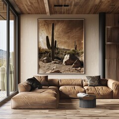 Stylish living room interior featuring a frame poster mockup, modern design with earthy tones, contemporary lines, and Southwestern influences, rendered in 3D